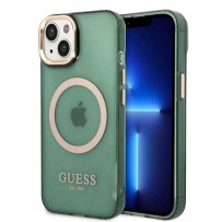 Чехол Guess для iPhone 14 PC/TPU Metal outline Hard Translucent Green/Gold (MagSafe) (GUHMP14SHTCMA)