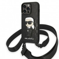 Чехол KARL Lagerfeld для iPhone 14 Pro Crossbody PU Monogram INFT konik patch with Strap Hard Black (KLHCP14LSTKMK)